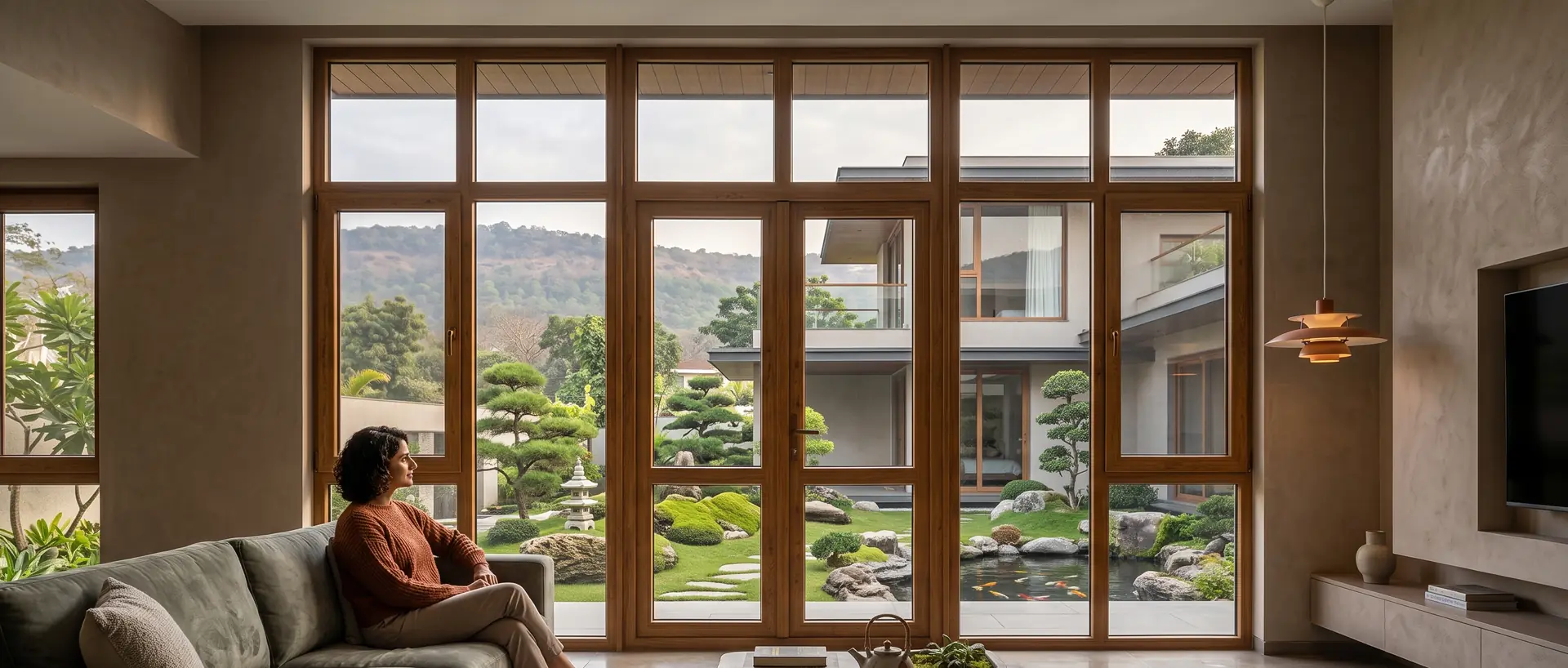Wooden-finish uPVC French doors opening to a garden